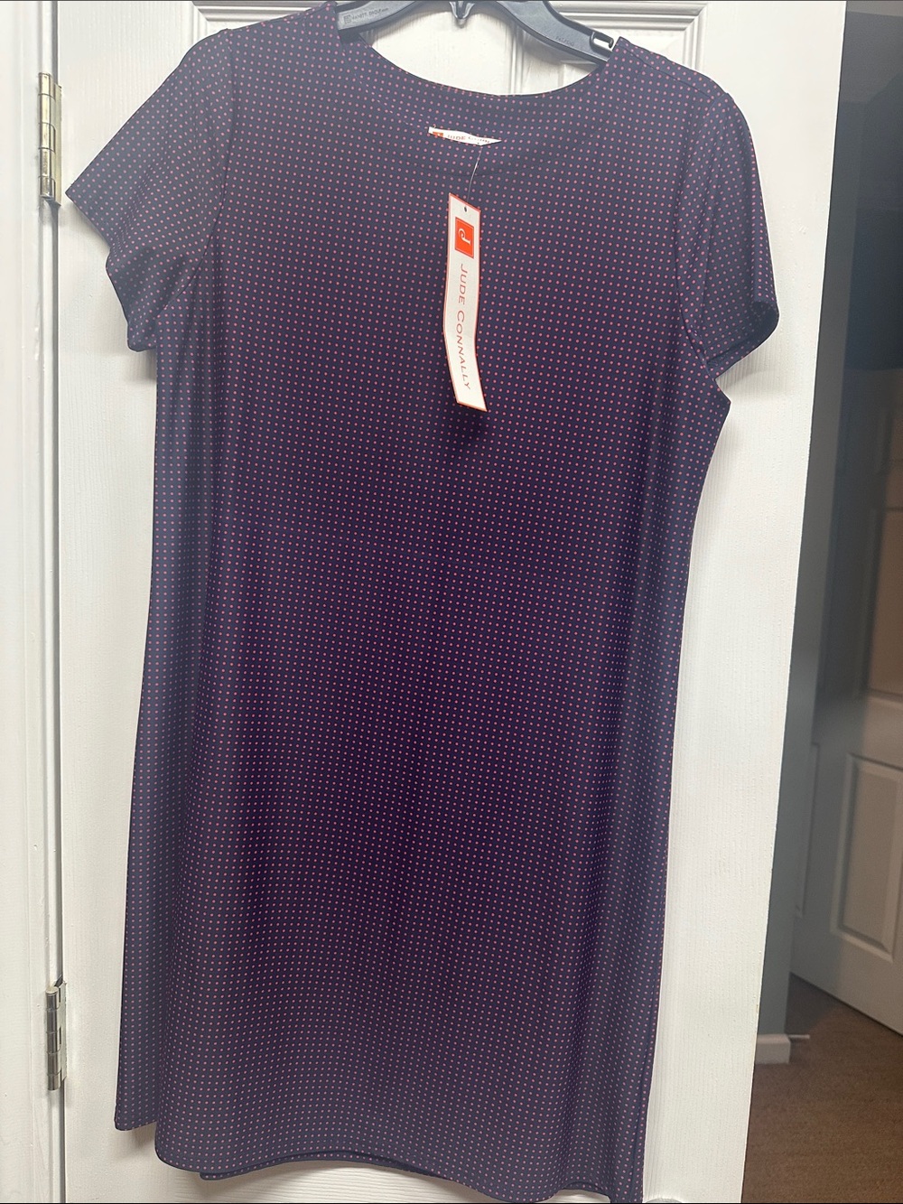 Jude Connally Navy Dress with Tiny Pink Dot Print
